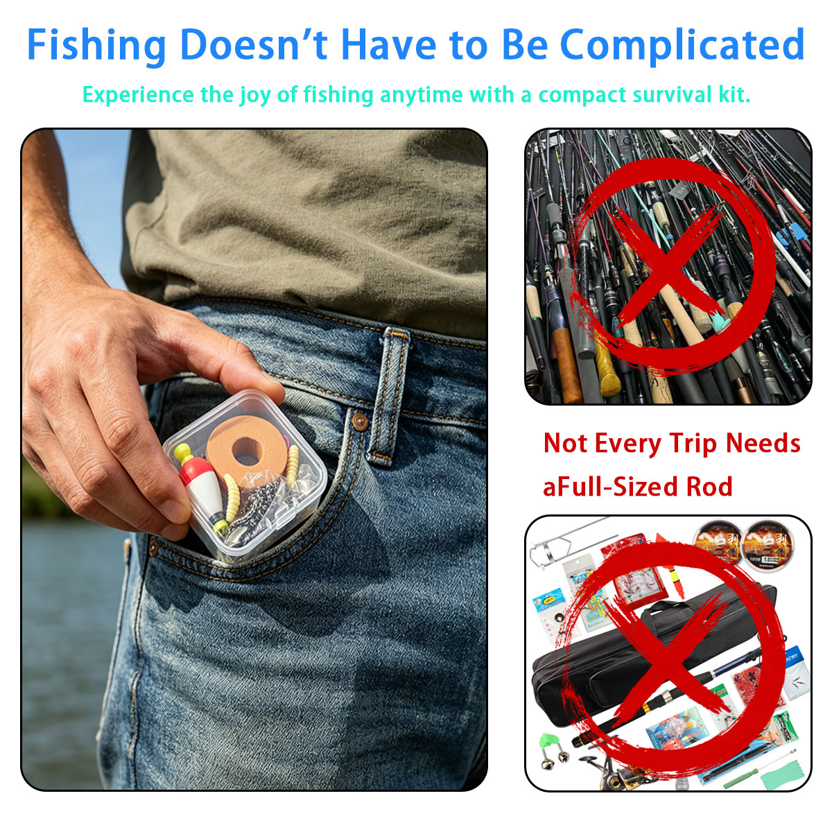 Fishing Lure Making Kit - ชุดอุปกรณ์ตกปลาฉุกเฉินแบบพกพา，ชุดอุปกรณ์ตกปลาฉุกเฉินกลางแจ้งแบบพกพาพร้อมบ็อบเบอร์, ตะขอ, เหยื่อล่อ, สายเอ็น และกล่องเก็บของ